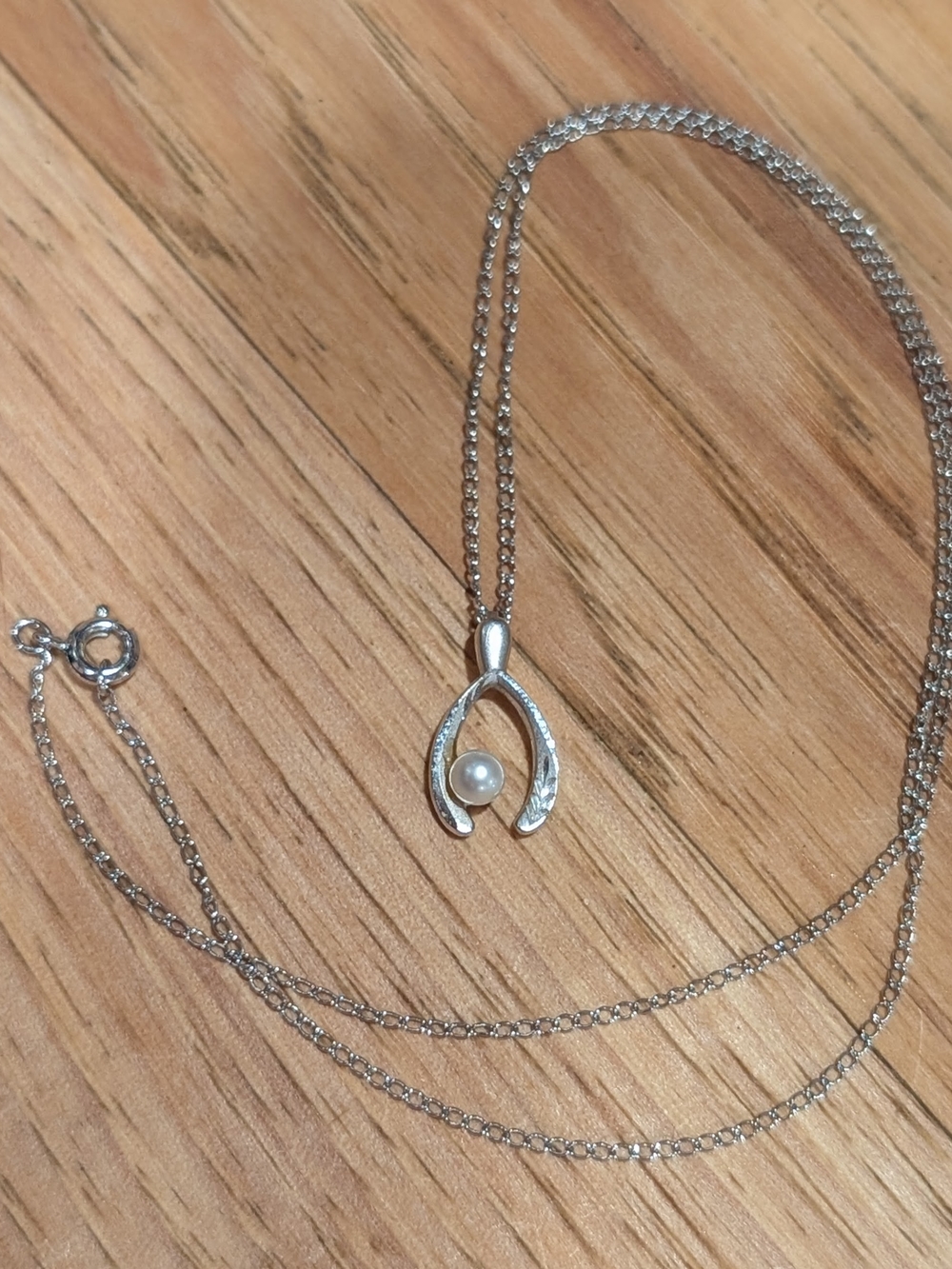 925 Silver Pearl Wishbone Pendant Necklace - Women Jewelry